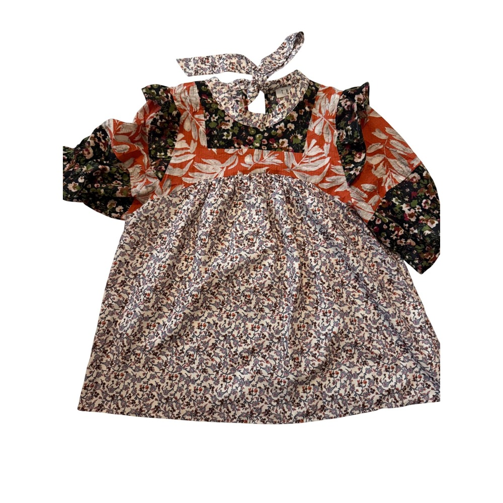 THML Mixed Floral Patchwork Babydoll Top Ruffle Tie Back Blouse Multicolor